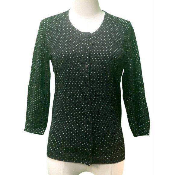 Talbots 3/4 Sleeve Onyx Black Polka Dot Cotton Blend Cardigan Sweater Size S/P - Picture 1 of 5